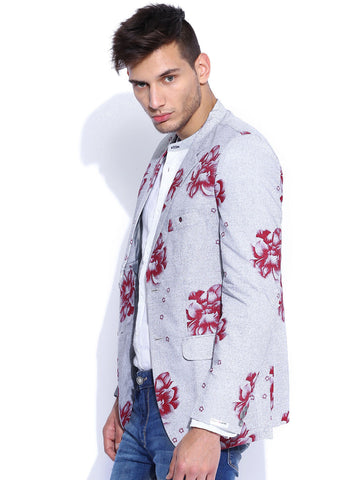 BLAZER QUARTER GREY & RED FLORAL PRINT SLIM FIT BLAZER