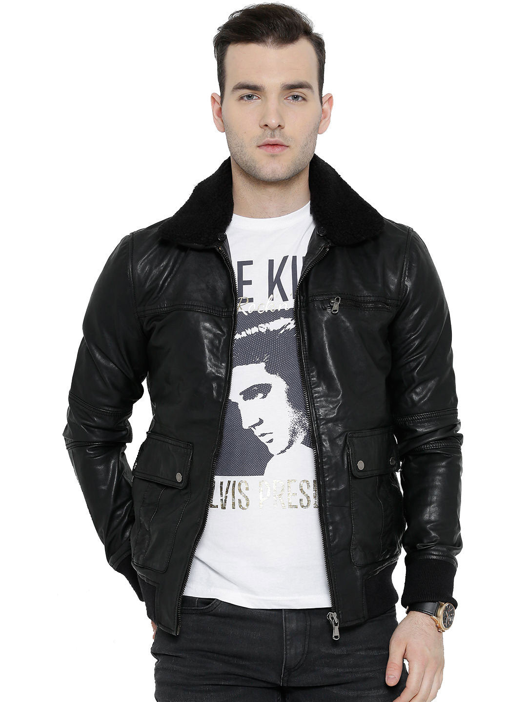 BARESKIN BLACK LEATHER BIKER JACKET WITH DETACHABLE COLLAR
