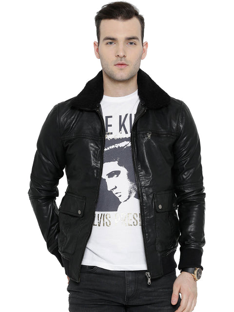 BARESKIN BLACK LEATHER BIKER JACKET WITH DETACHABLE COLLAR