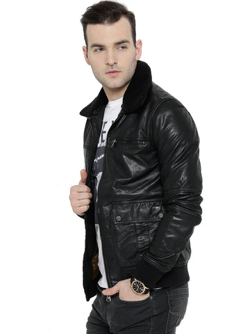 BARESKIN BLACK LEATHER BIKER JACKET WITH DETACHABLE COLLAR
