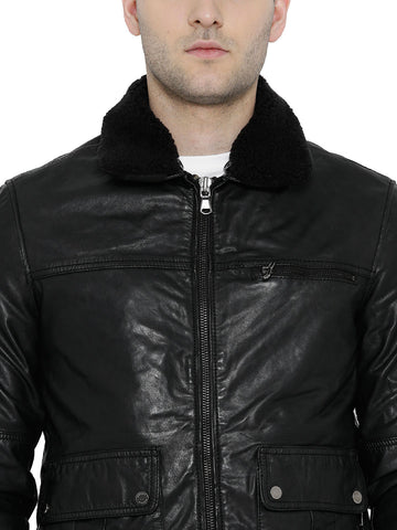 BARESKIN BLACK LEATHER BIKER JACKET WITH DETACHABLE COLLAR